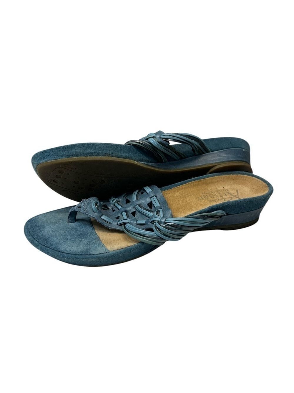 Clark's Artisan Blue Strappy Leather Thong Wedge Sandals, size 5.5